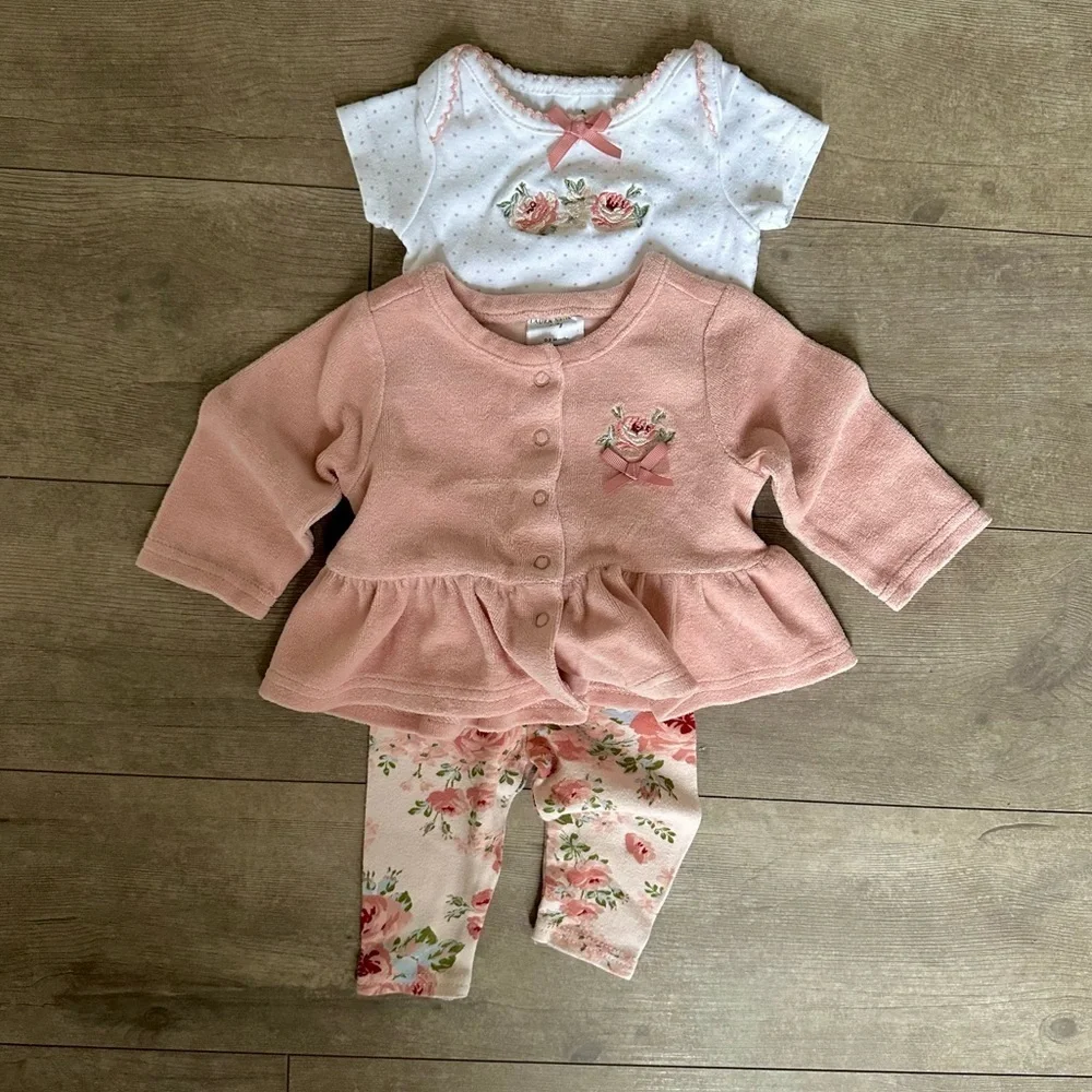 Laura Ashley Floral 3 Pc Matching Outfit Set 0-3M Infant Baby Girl